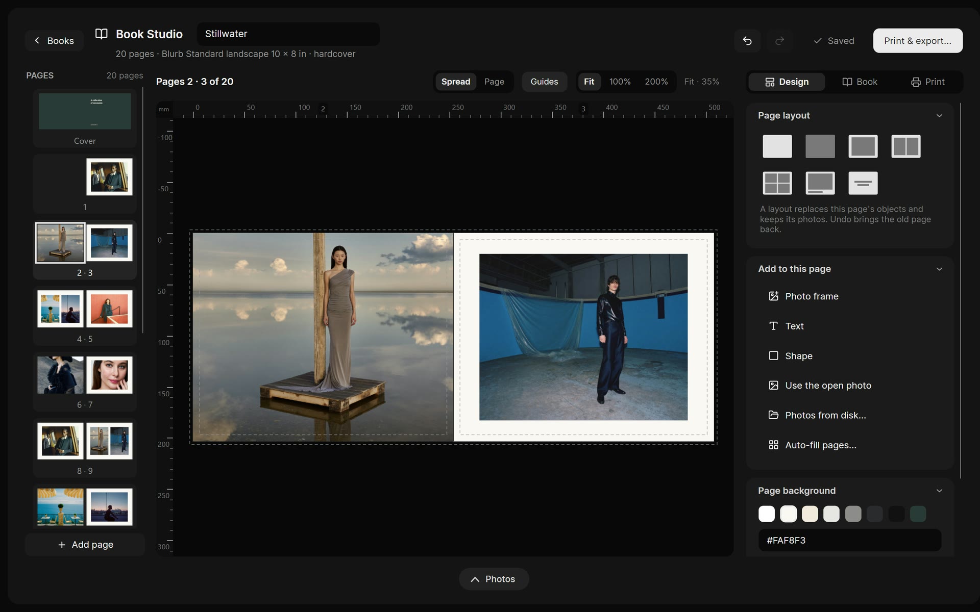 Chromogen Book Studio: a photo book spread for a Blurb 10 by 8 inch hardcover, with the pages rail and the page layouts
