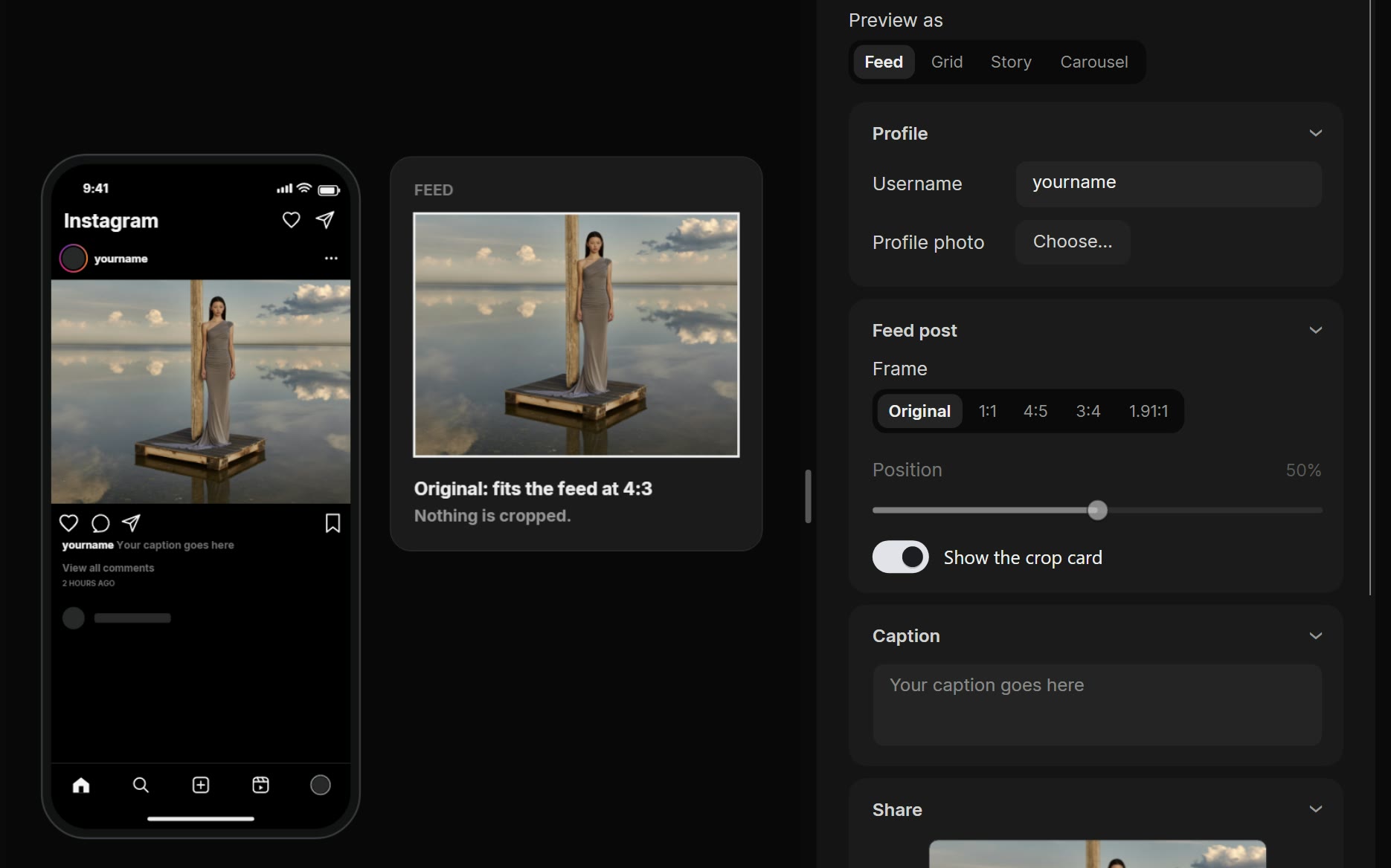 Chromogen Instagram preview: the photo in a phone exactly as the feed will show it, with a crop card saying nothing is cropped