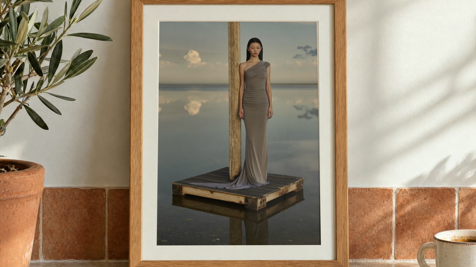 Chromogen mockup: the photo in an oak frame leaning on a kitchen counter