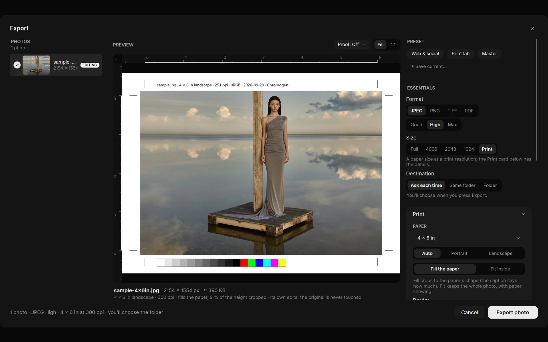 Chromogen print export: the photo on 4 by 6 inch paper at 300 ppi with crop marks, colour bars and a file label